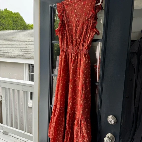 Outerknown Red Smocked Maxi Dress V-Neck Flutter Sleeve - Picture 4 of 4